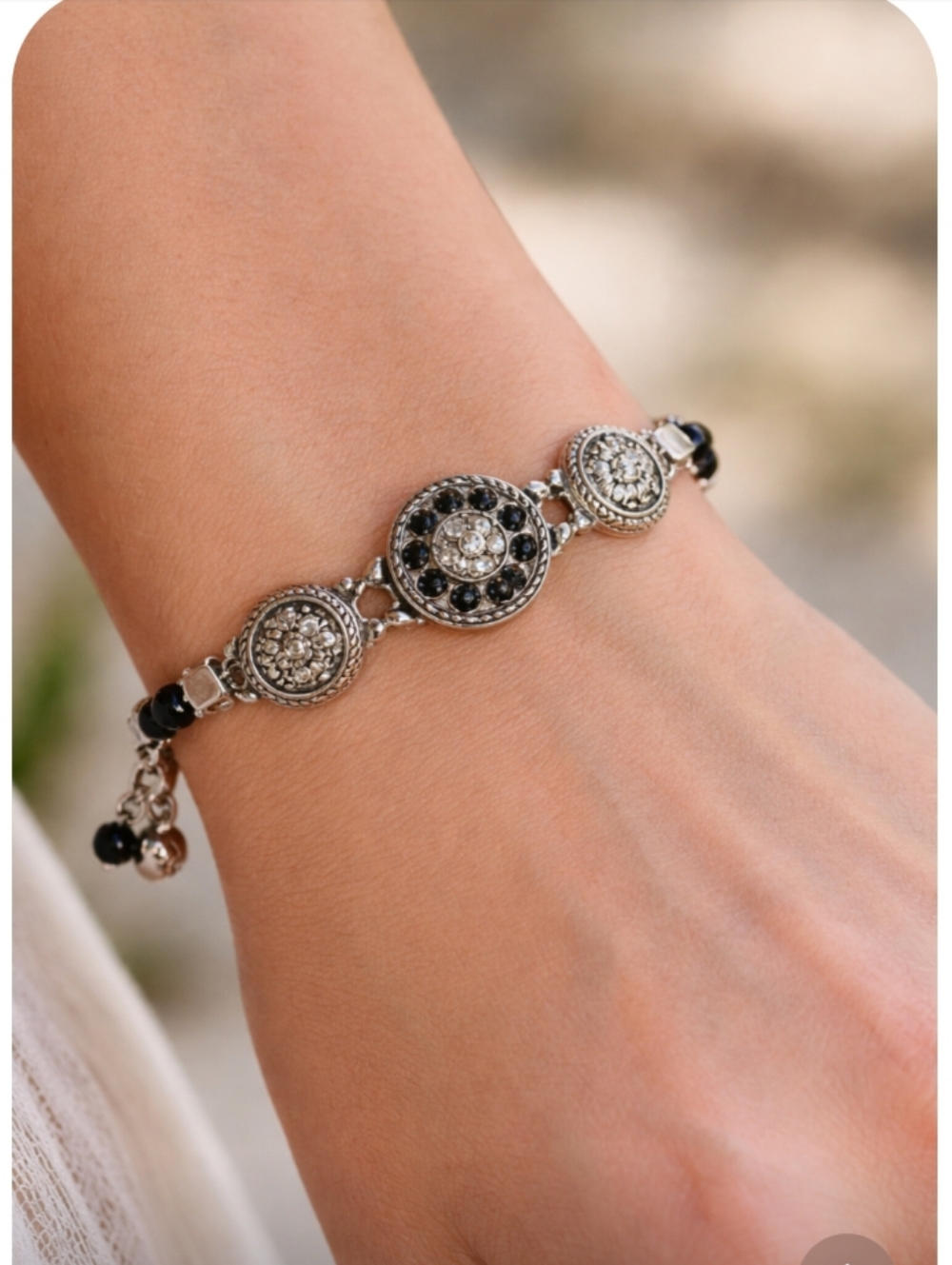 Brighton Reversible Crystal & Beaded Bracelet Silver Tone Black White Adjustable
